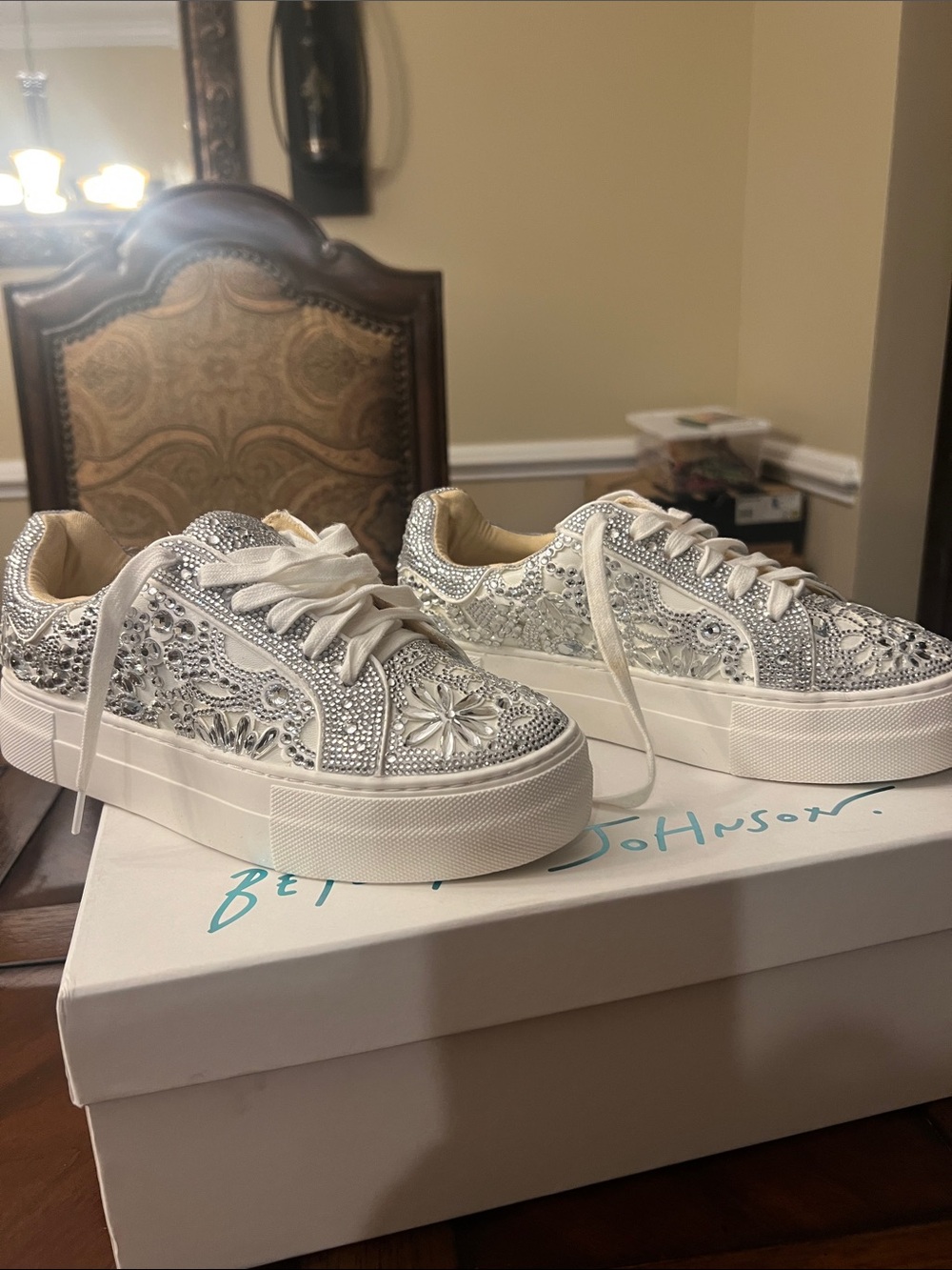Betsey Johnson White and Silver Crystal Platform Sneakers - Picture 2 of 6